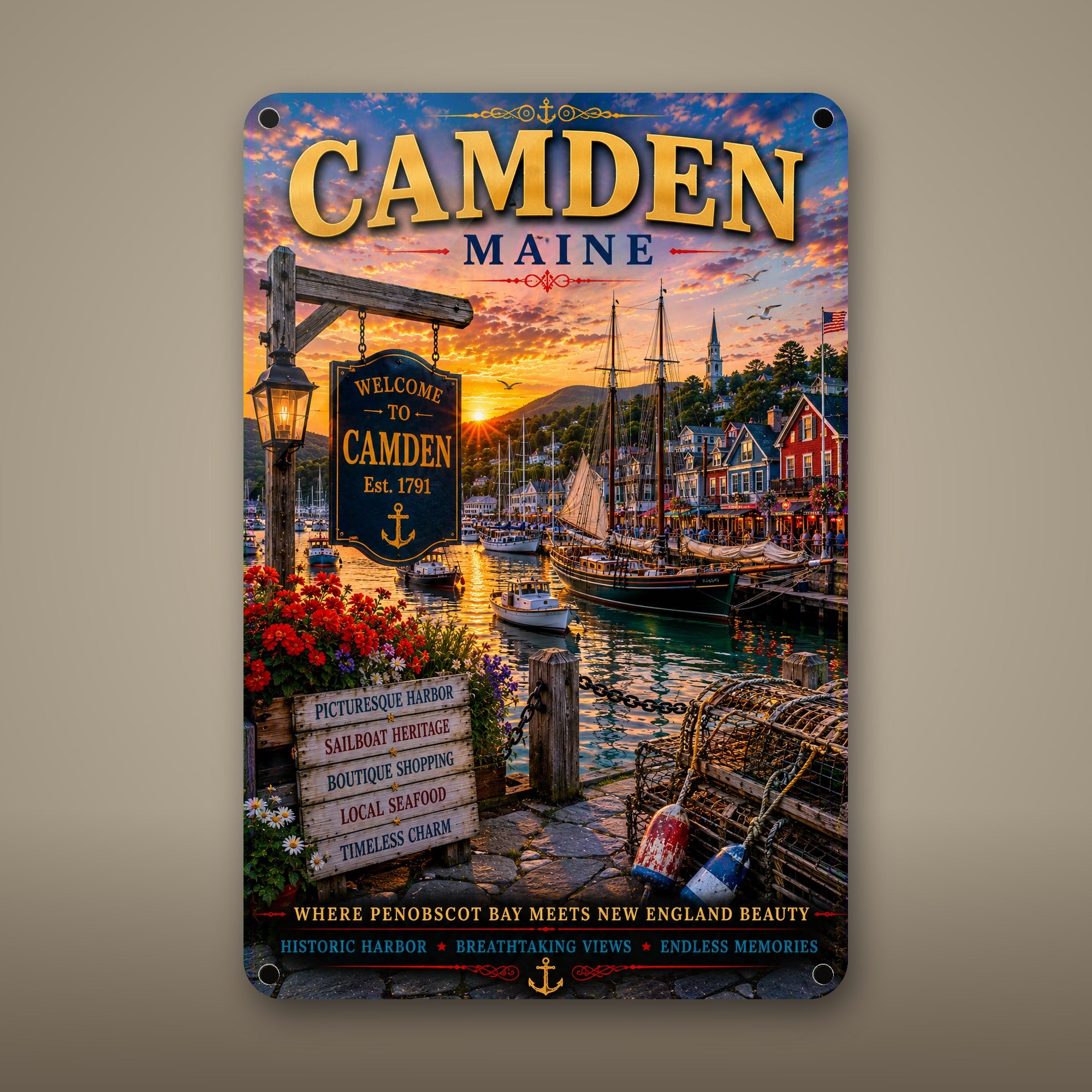 Camden Metal Wall Art, Aluminum Sign, Maine Coastal Decor, Beach Town Wall Hanging, Nautical Gift
