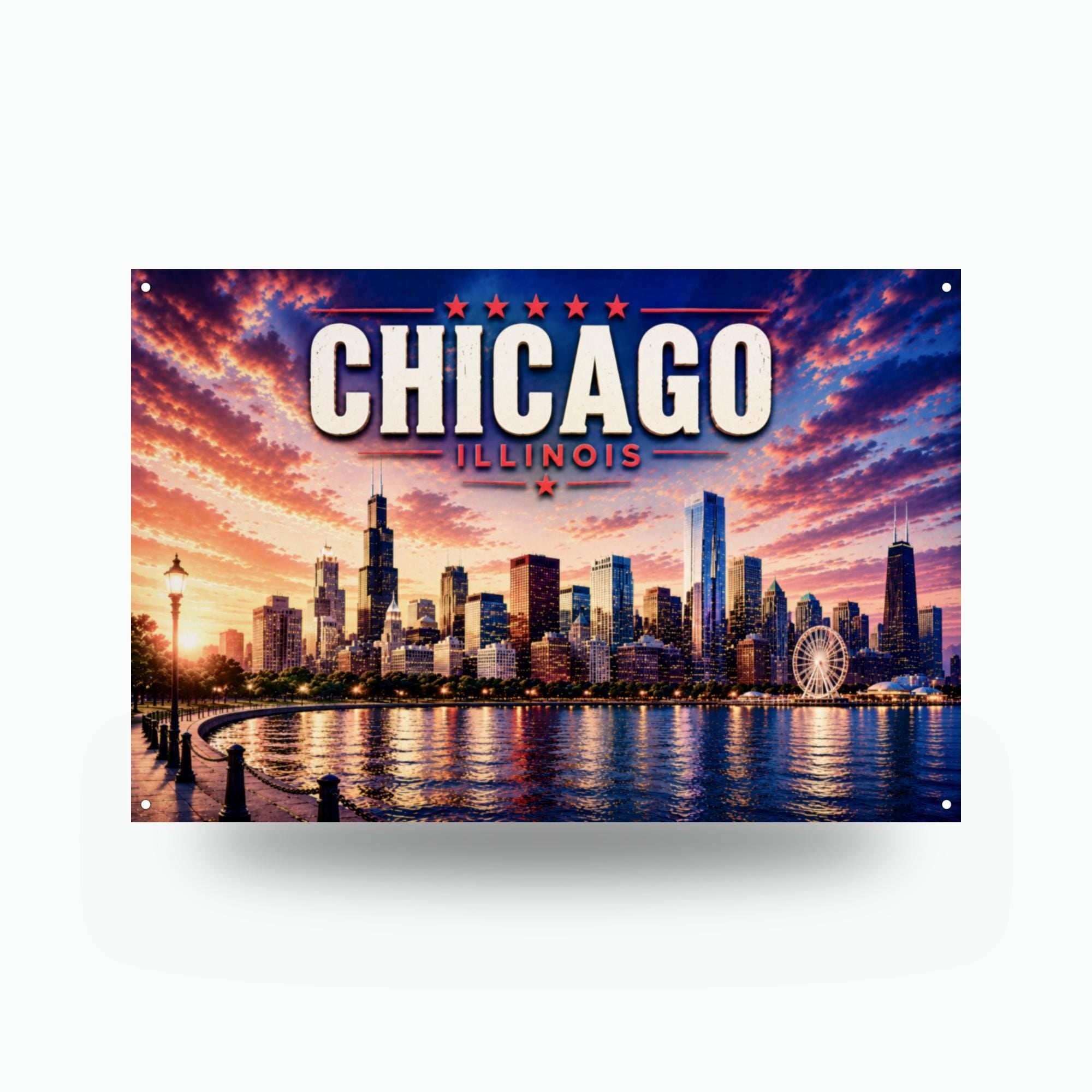 Chicago Skyline Metal Sign Aluminum Sign — front view on white background