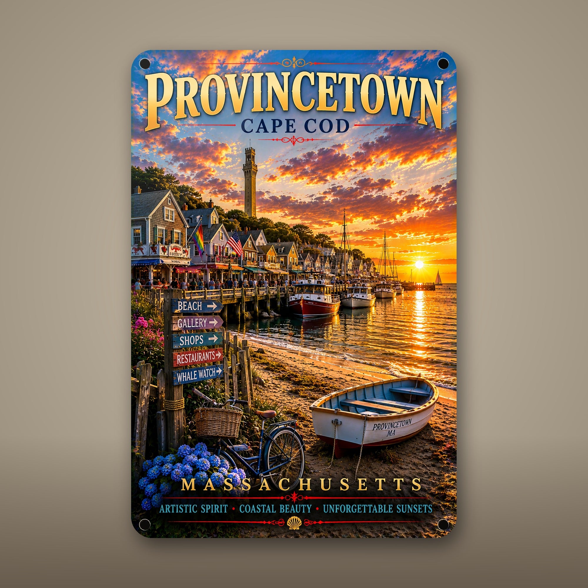 Provincetown Metal Wall Art, Aluminum Sign, Massachusetts Coastal Decor, Beach Town Wall Hanging, Nautical Gift