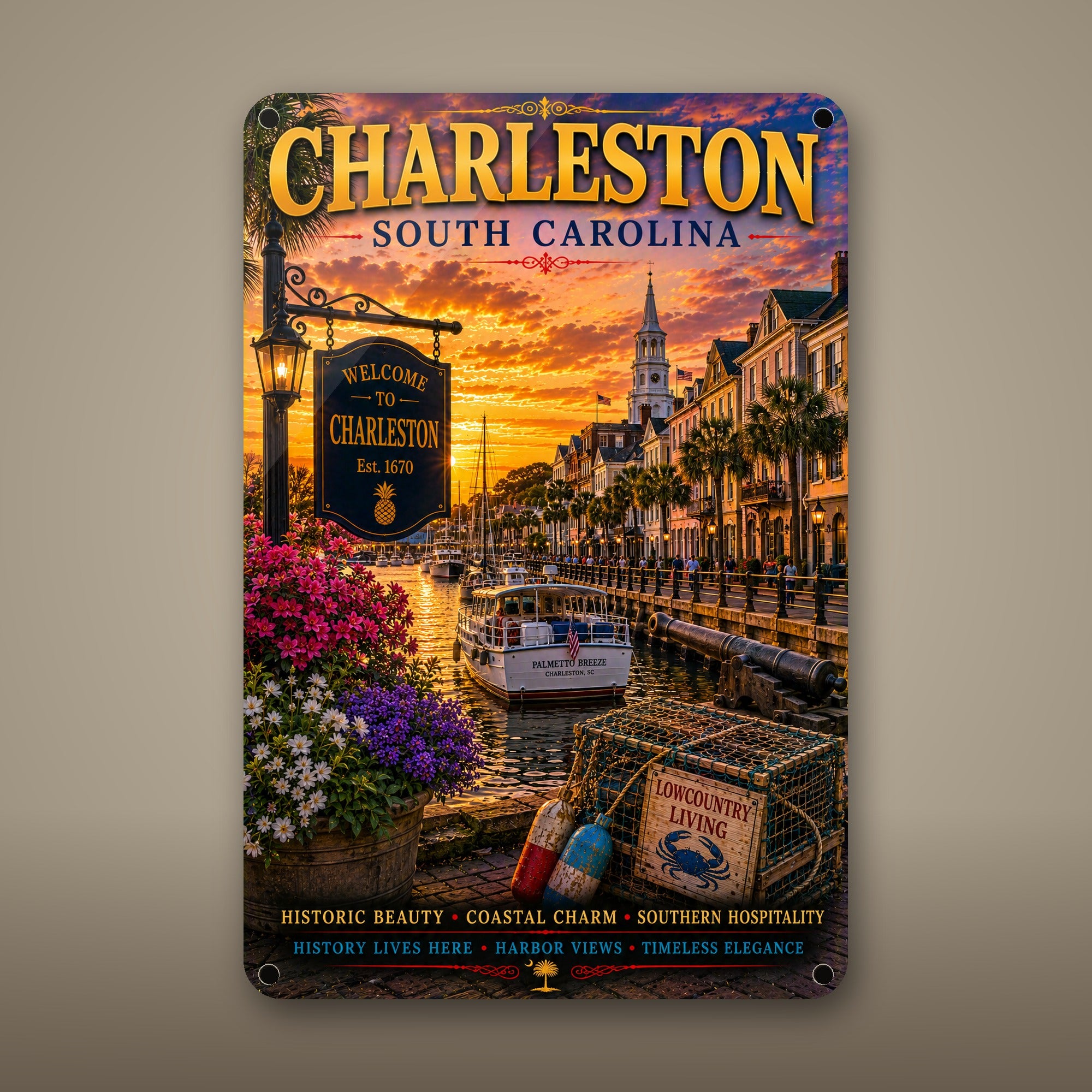 Charleston Metal Wall Art, Aluminum Sign, South Carolina Coastal Decor, Beach Town Wall Hanging, Nautical Gift