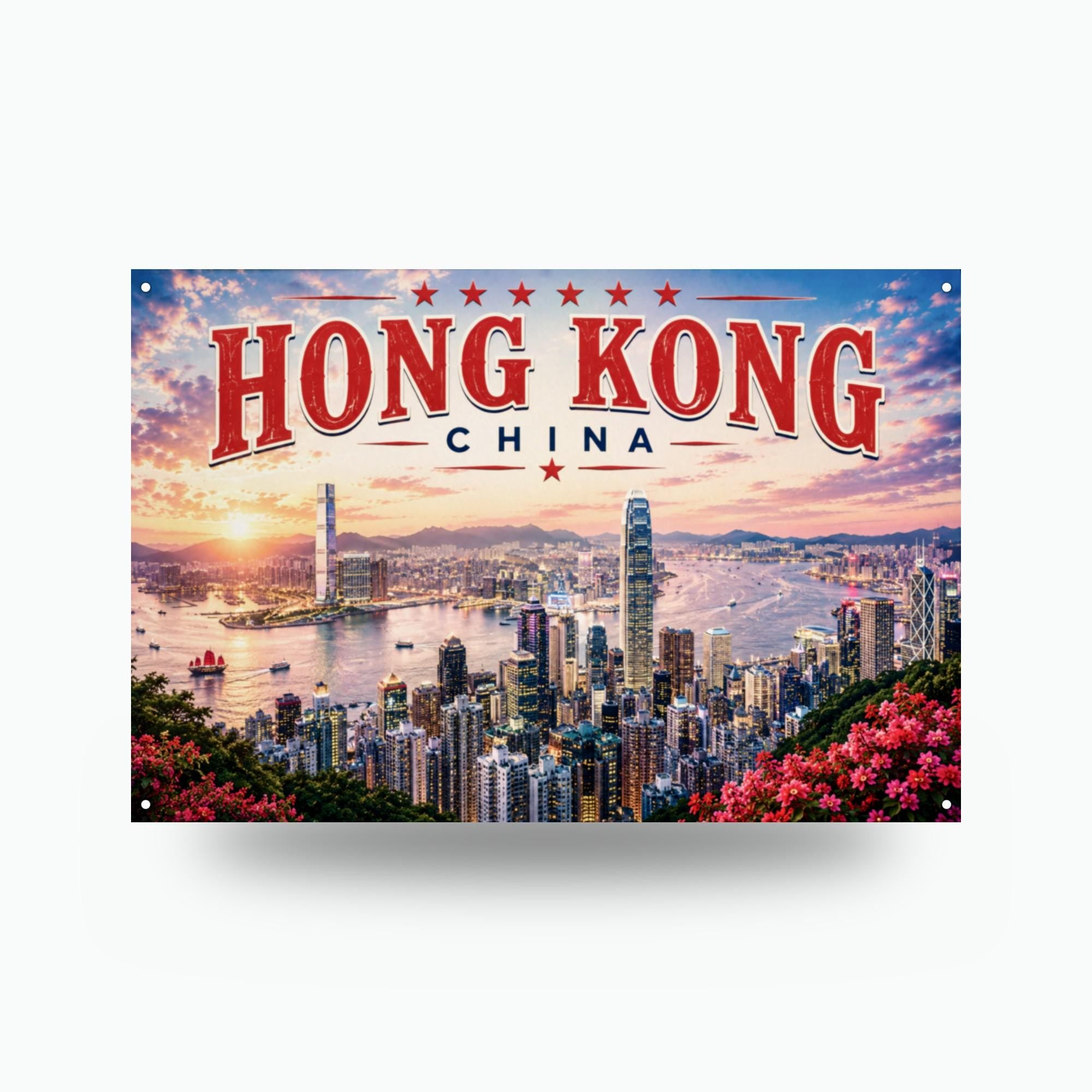 Hong Kong Skyline Metal Sign Aluminum Sign — front view on white background