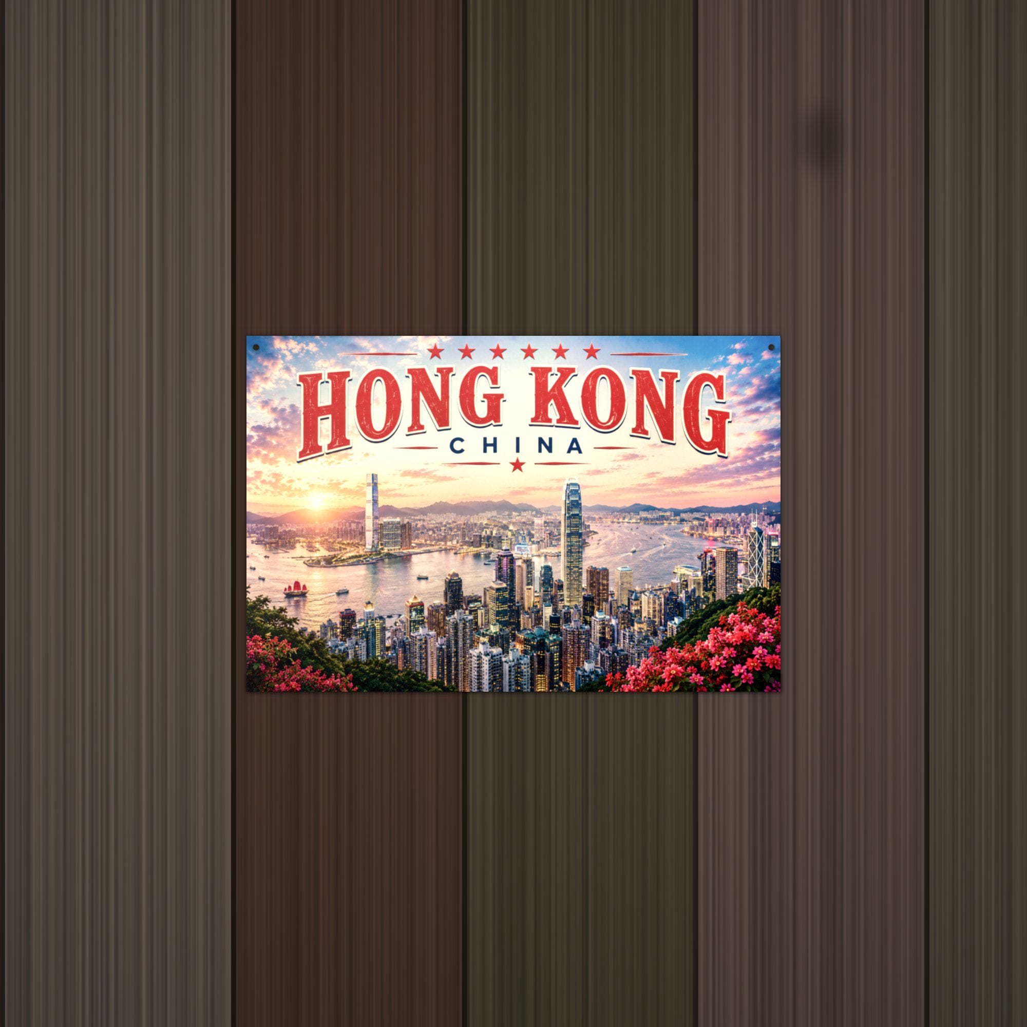 Hong Kong Skyline Metal Sign Aluminum Sign — detail view