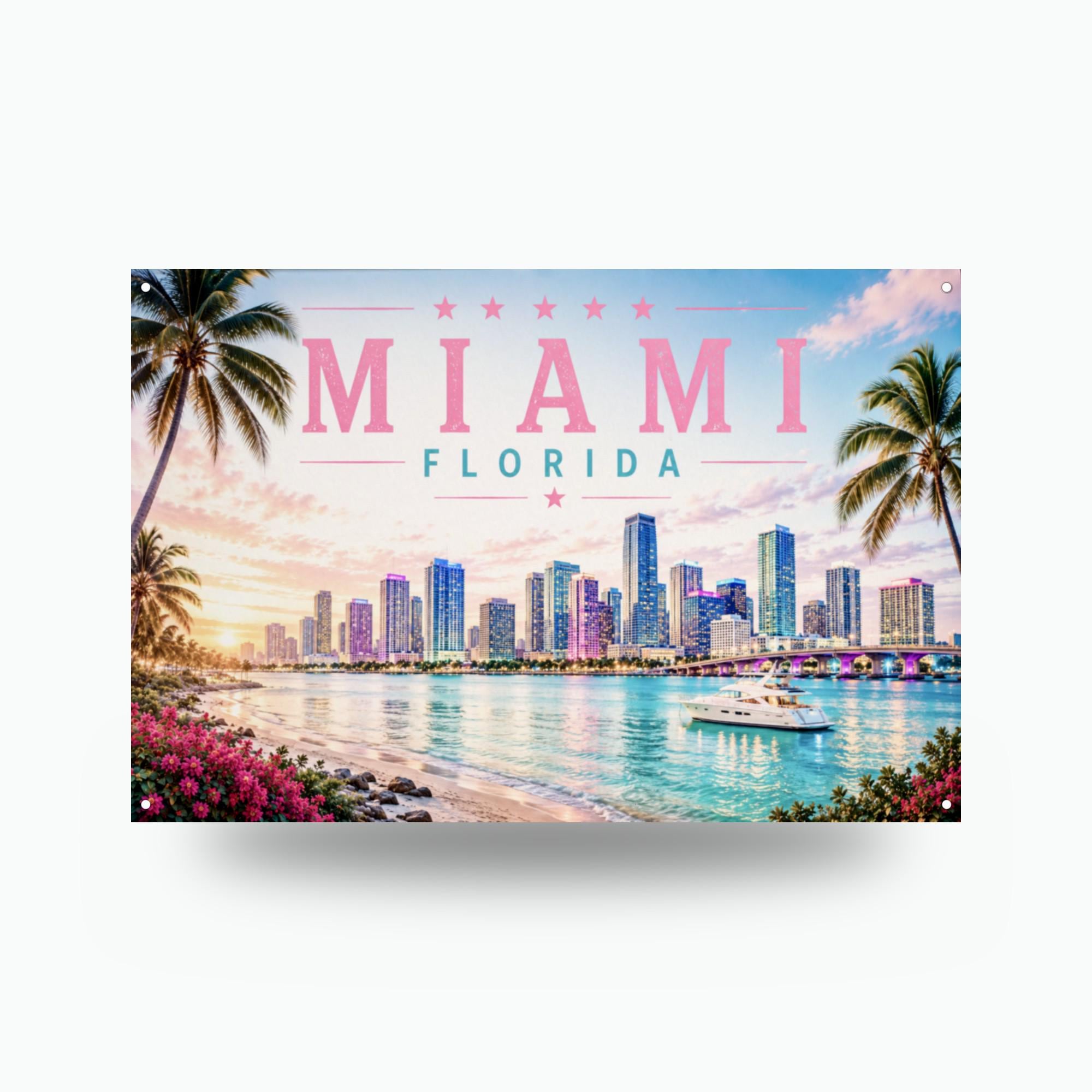 Miami Skyline Metal Sign Aluminum Sign — front view on white background