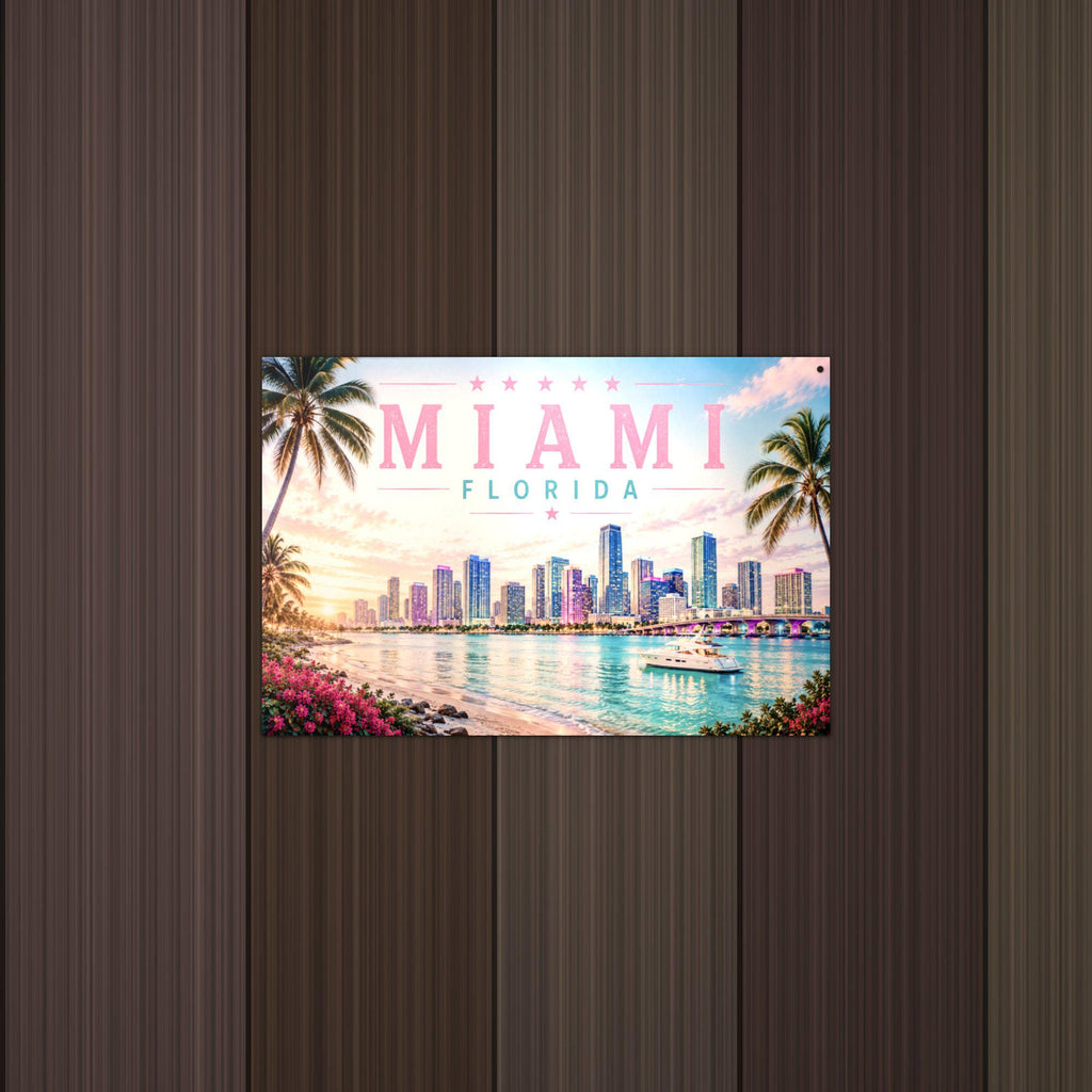 Miami Skyline Metal Sign Aluminum Sign — lifestyle setting