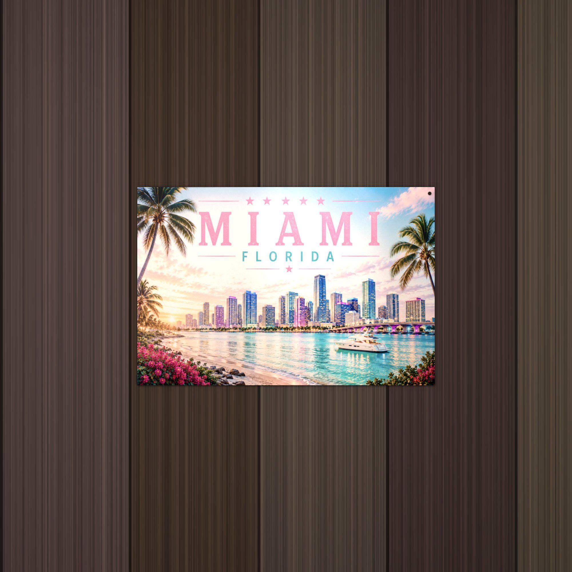 Miami Skyline Metal Sign Aluminum Sign — lifestyle setting