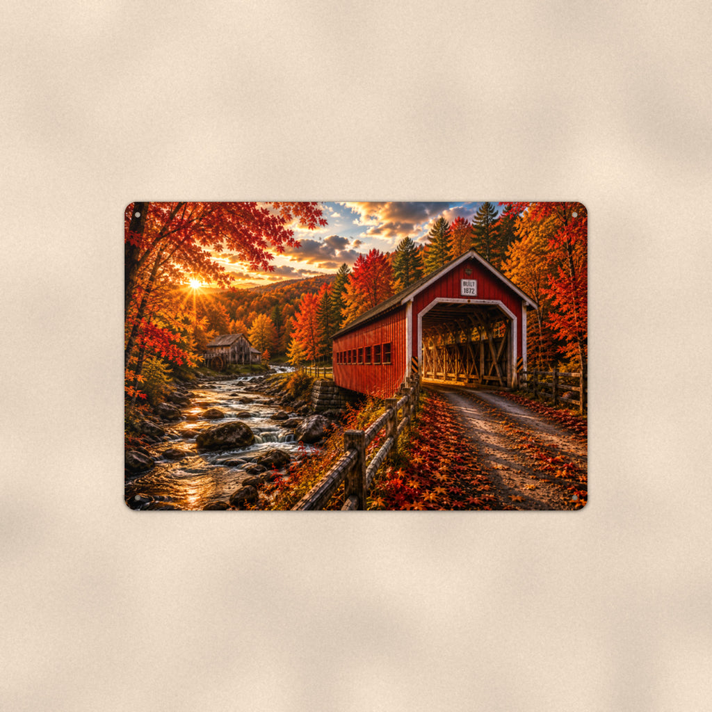 Covered Bridge Rocky Stream Sunburst aluminum metal sign 12" x 8" - front view on warm wall
