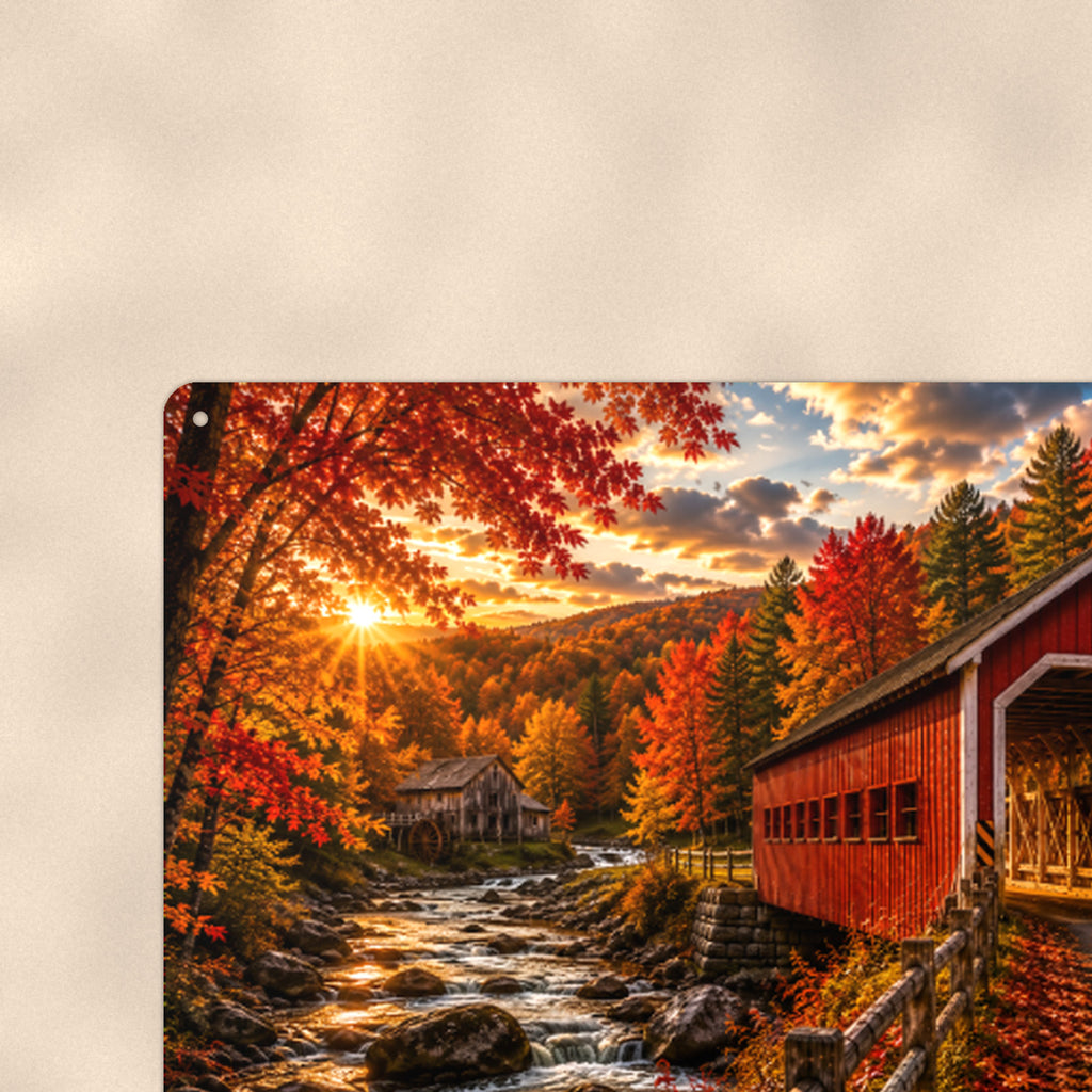Covered Bridge Rocky Stream Sunburst aluminum metal sign 12" x 8" - close-up view of the printed artwork