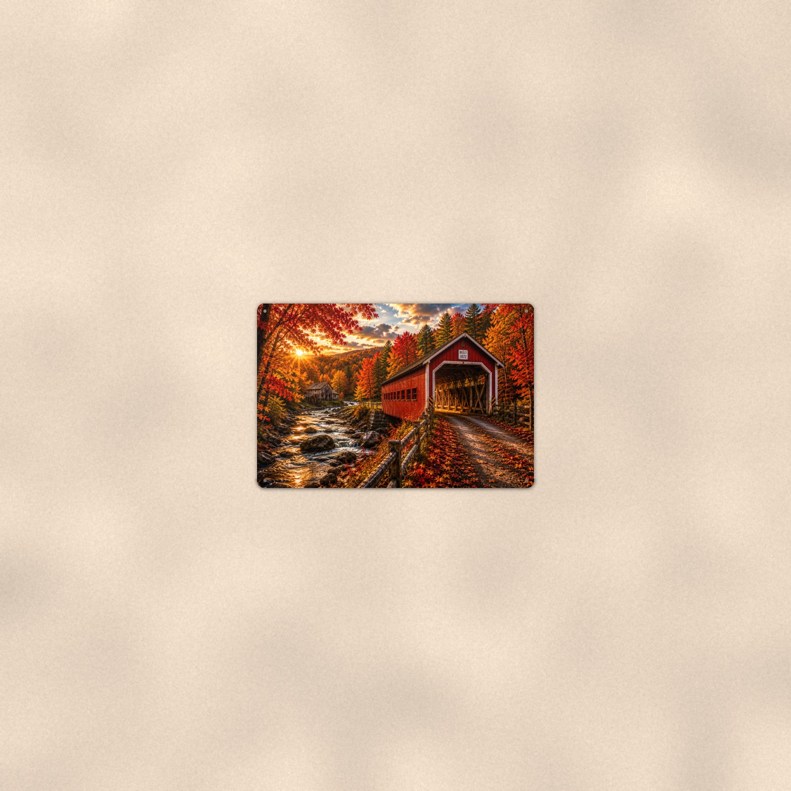 Covered Bridge Rocky Stream Sunburst aluminum metal sign 12" x 8" - room view on warm wall
