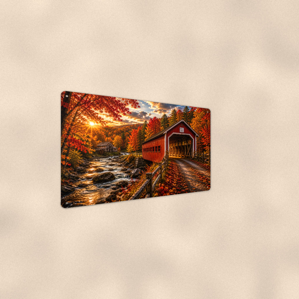 Covered Bridge Rocky Stream Sunburst aluminum metal sign 12" x 8" - angled wall view from a wider angle
