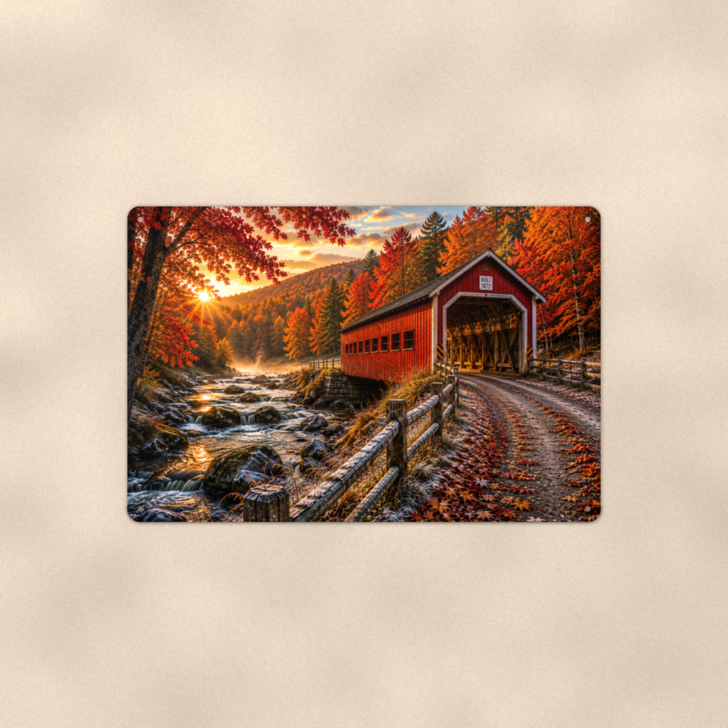 Covered Bridge Country Road in Fall aluminum metal sign 12" x 8" - front view on warm wall