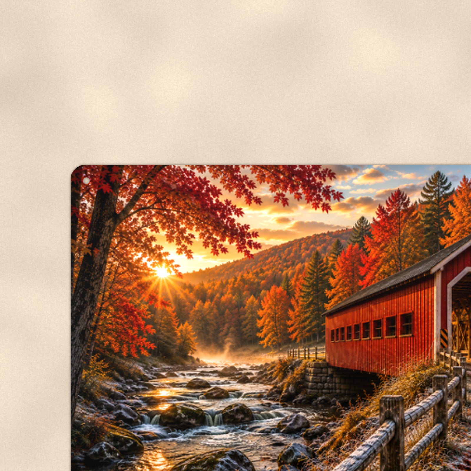 Covered Bridge Country Road in Fall aluminum metal sign 12" x 8" - close-up view of the printed artwork