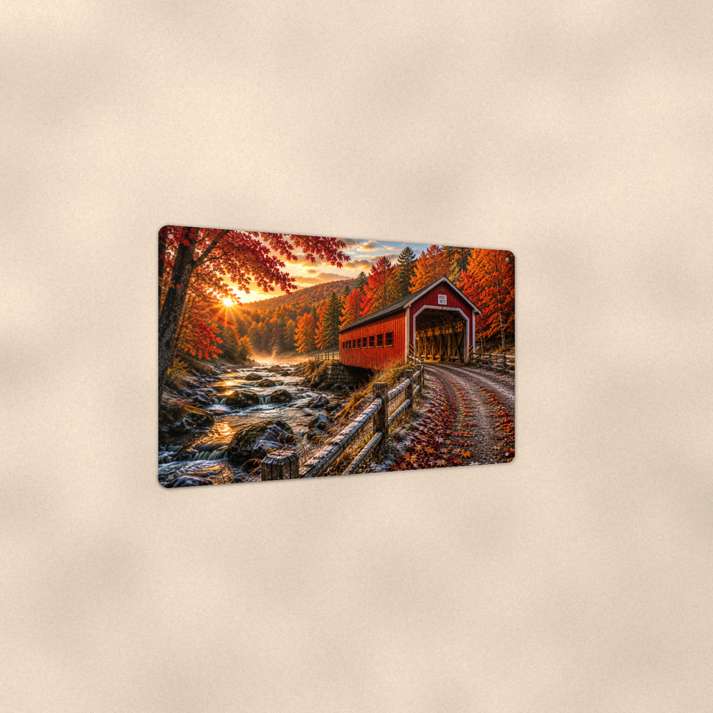 Covered Bridge Country Road in Fall aluminum metal sign 12" x 8" - angled view showing glossy finish