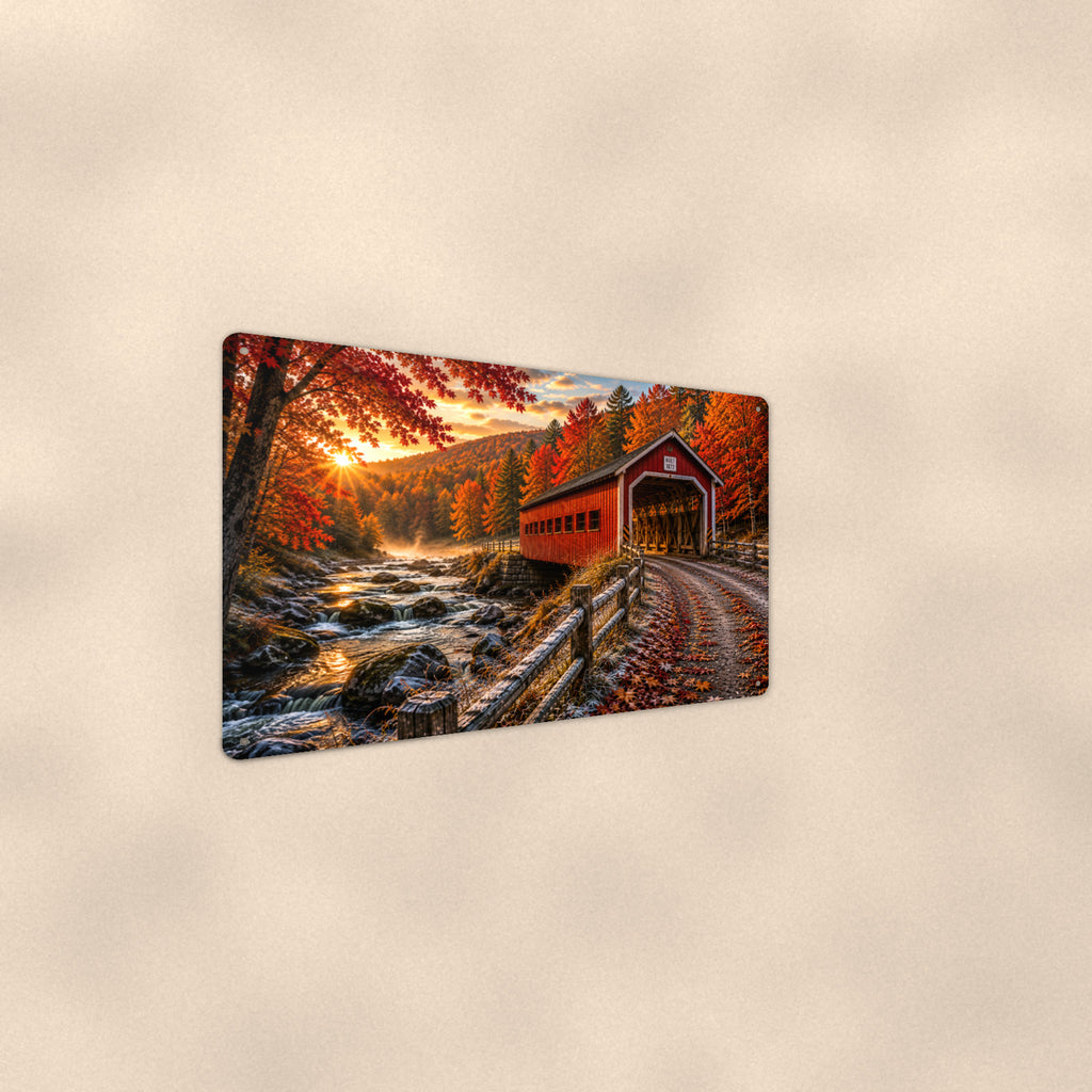 Covered Bridge Country Road in Fall aluminum metal sign 12" x 8" - angled wall view from a wider angle