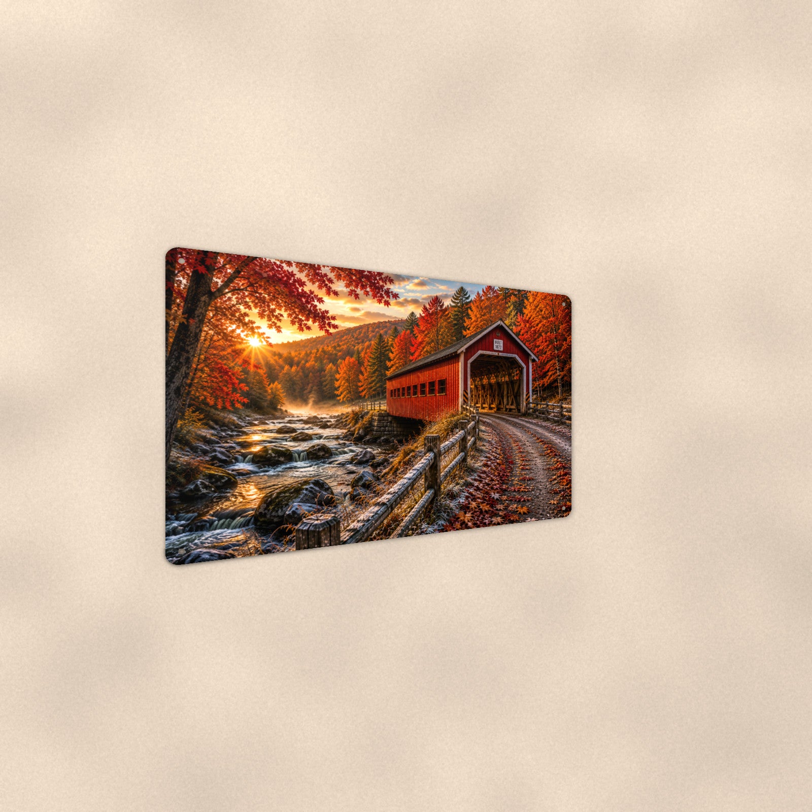 Covered Bridge Country Road in Fall aluminum metal sign 12" x 8" - angled wall view from a wider angle