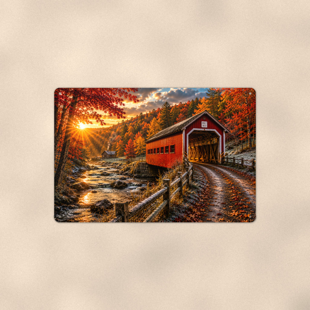 Covered Bridge Golden Sunburst Lane aluminum metal sign 12" x 8" - front view on warm wall