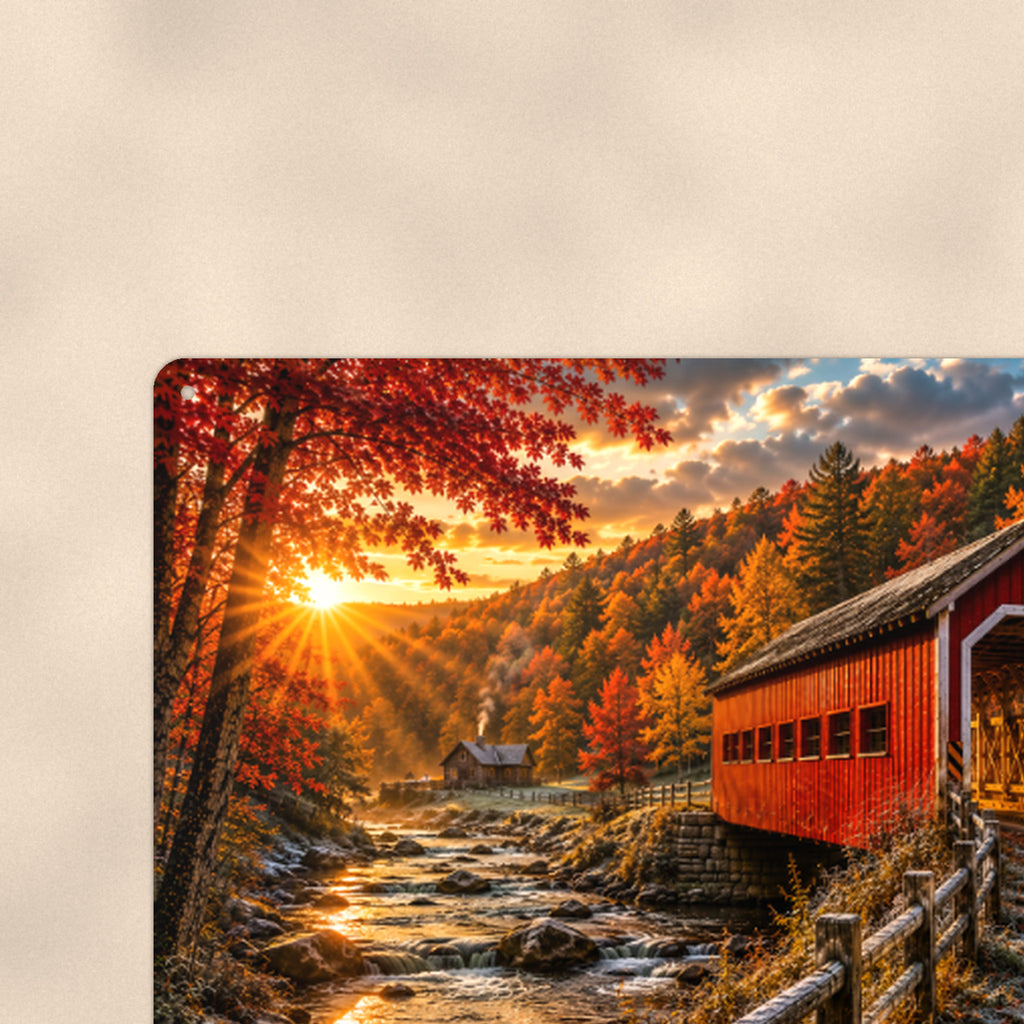 Covered Bridge Golden Sunburst Lane aluminum metal sign 12" x 8" - close-up view of the printed artwork