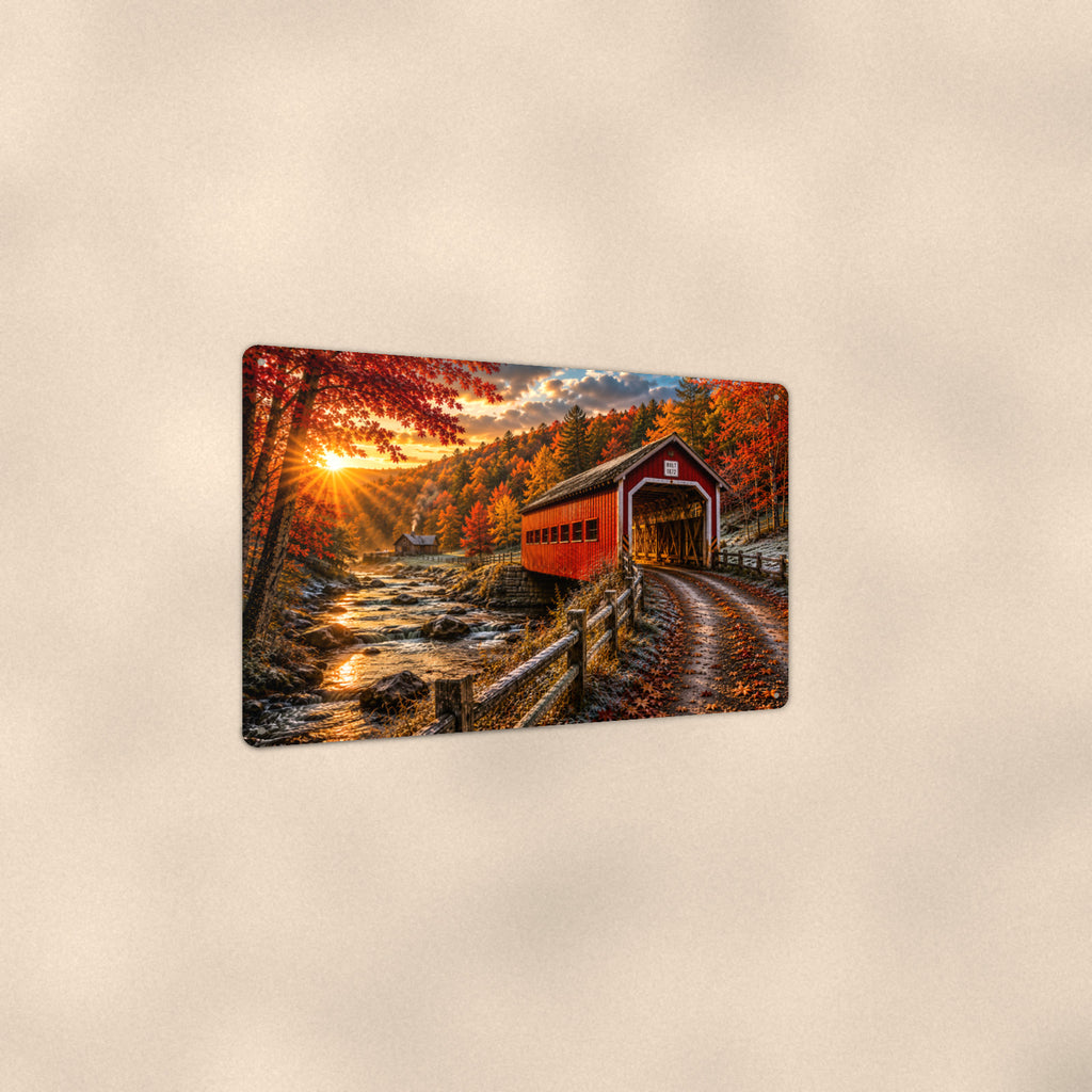 Covered Bridge Golden Sunburst Lane aluminum metal sign 12" x 8" - angled view showing glossy finish