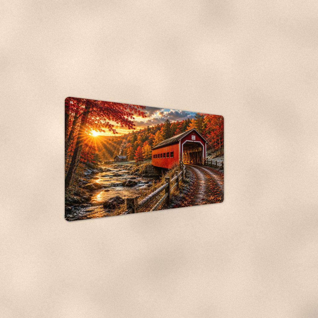 Covered Bridge Golden Sunburst Lane aluminum metal sign 12" x 8" - angled wall view from a wider angle
