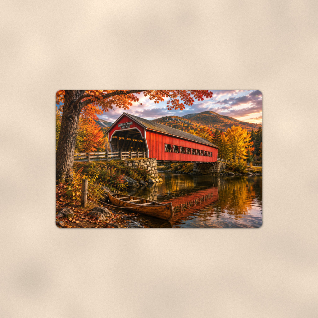 Covered Bridge with Canoe aluminum metal sign 12" x 8" - front view on warm wall