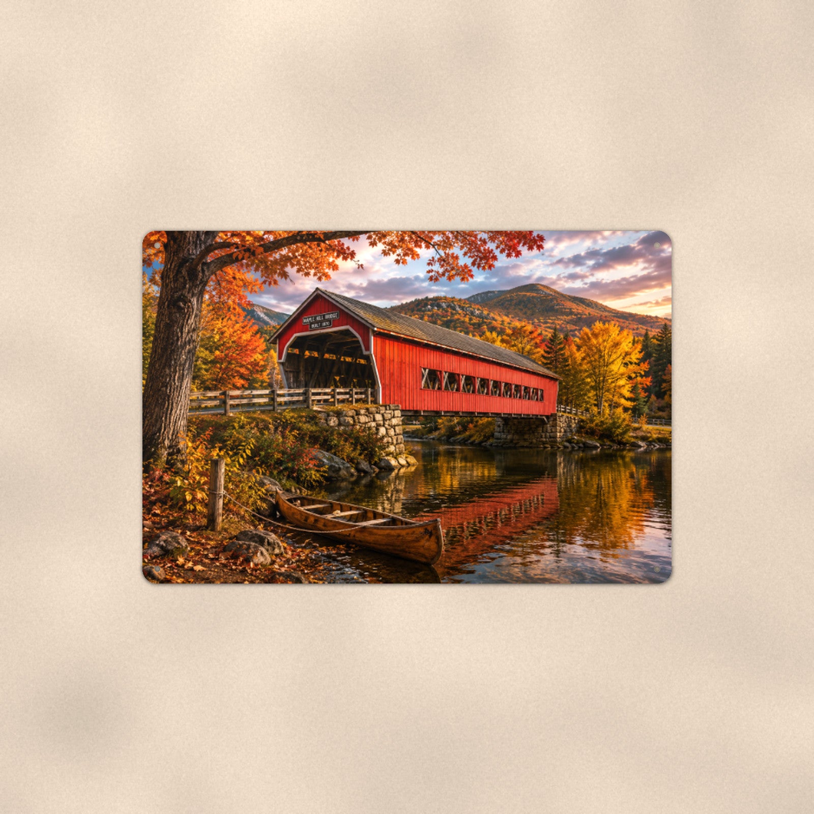 Covered Bridge with Canoe aluminum metal sign 12" x 8" - front view on warm wall
