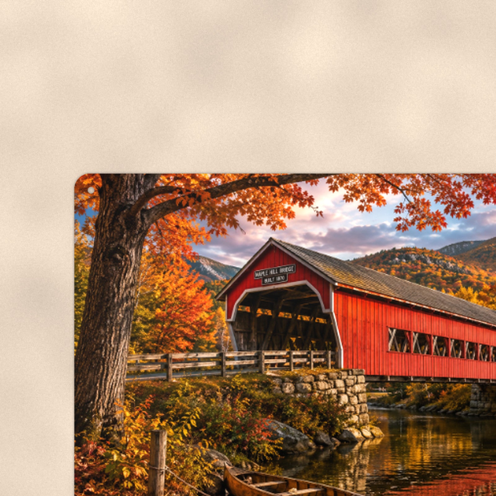 Covered Bridge with Canoe aluminum metal sign 12" x 8" - close-up view of the printed artwork