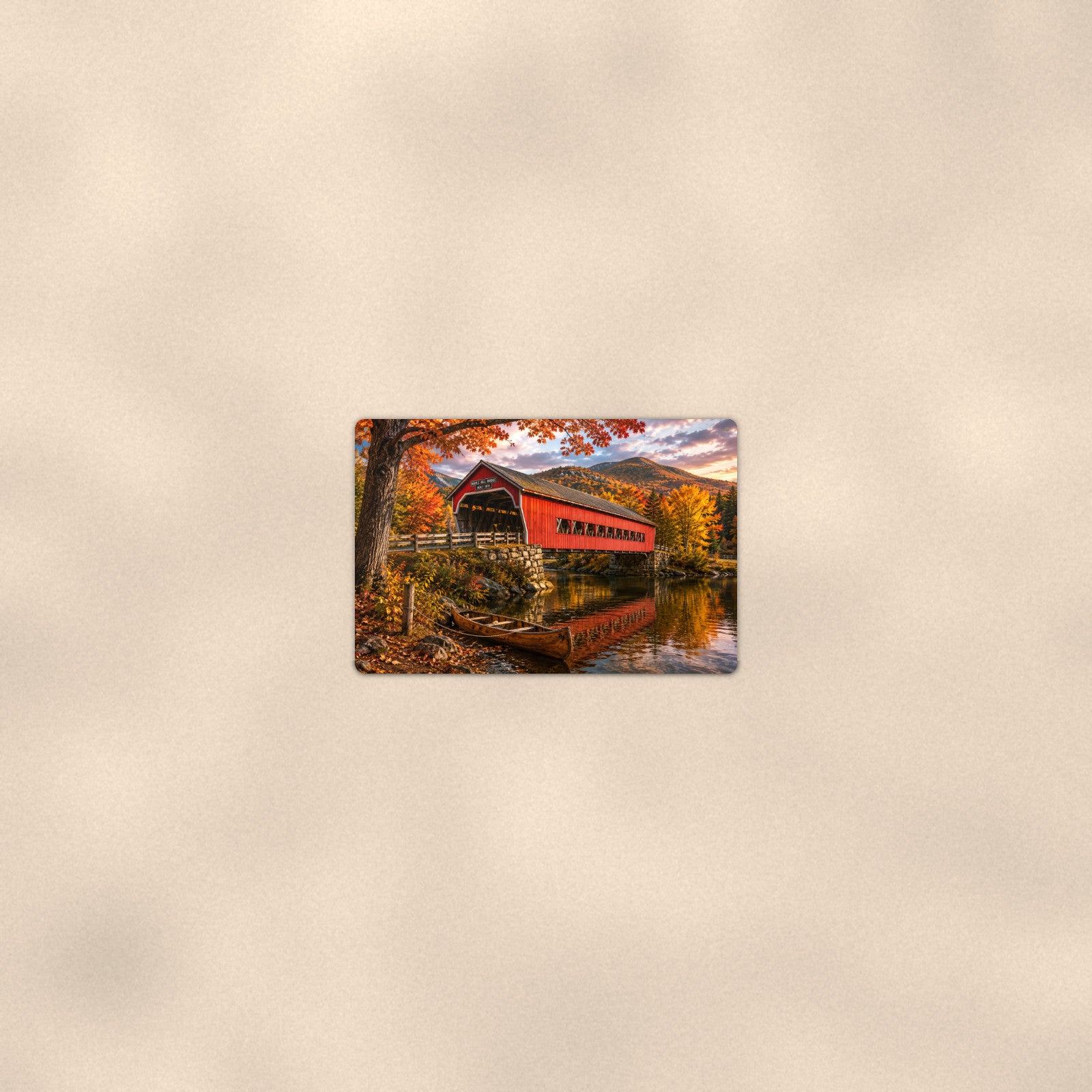Covered Bridge with Canoe aluminum metal sign 12" x 8" - room view on warm wall