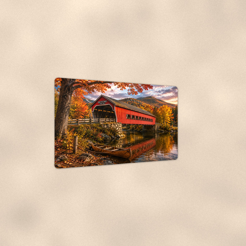 Covered Bridge with Canoe aluminum metal sign 12" x 8" - angled view showing glossy finish