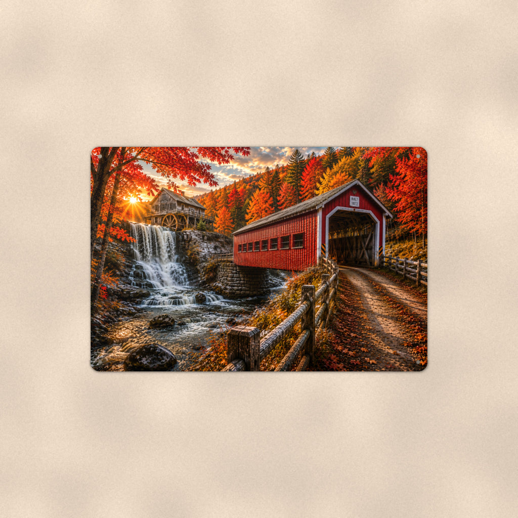 Covered Bridge Waterfall Mill aluminum metal sign 12" x 8" - front view on warm wall
