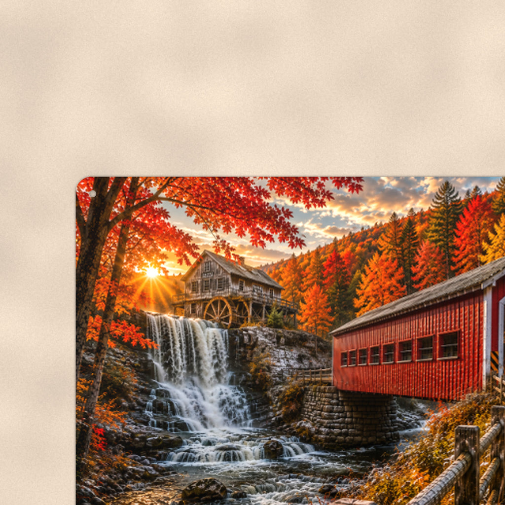 Covered Bridge Waterfall Mill aluminum metal sign 12" x 8" - close-up view of the printed artwork