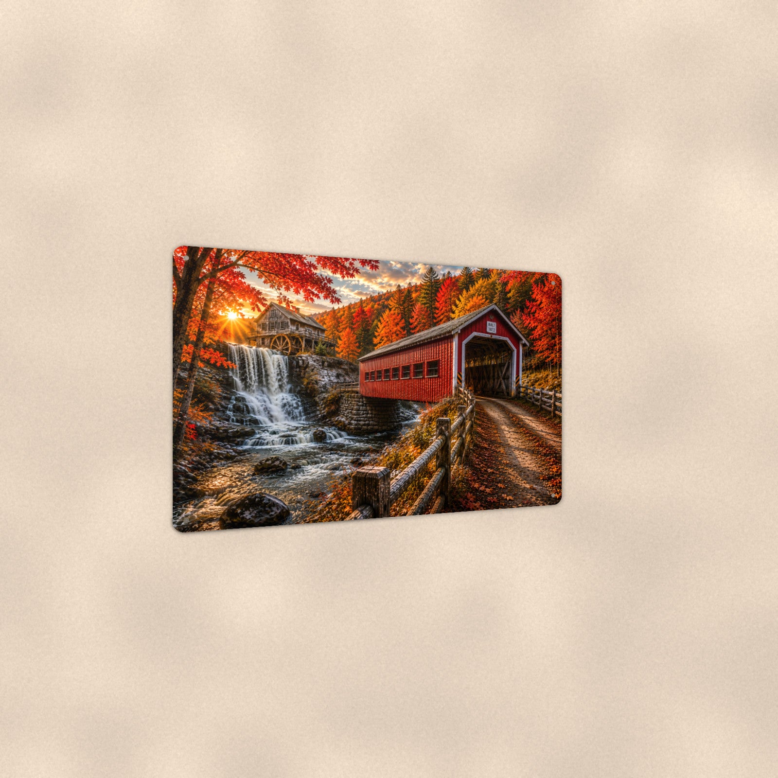 Covered Bridge Waterfall Mill aluminum metal sign 12" x 8" - angled view showing glossy finish