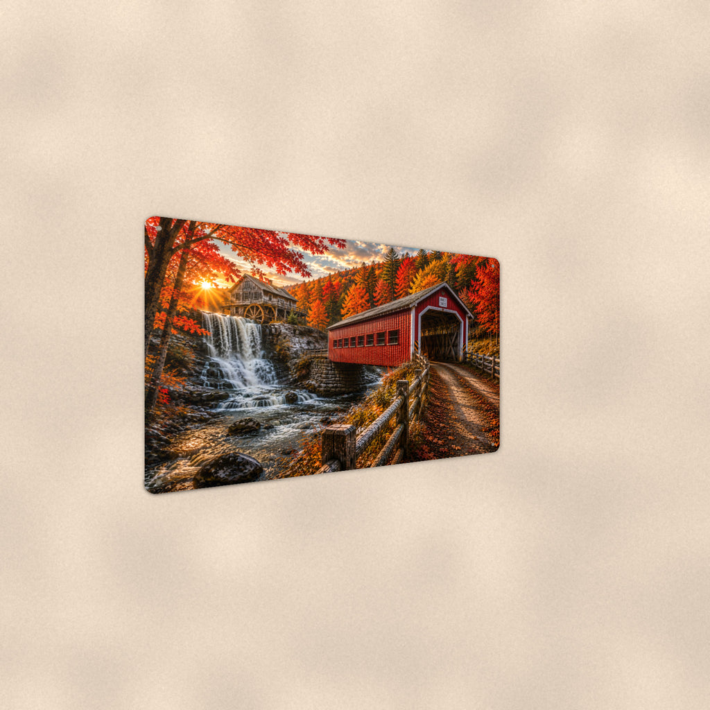 Covered Bridge Waterfall Mill aluminum metal sign 12" x 8" - angled wall view from a wider angle