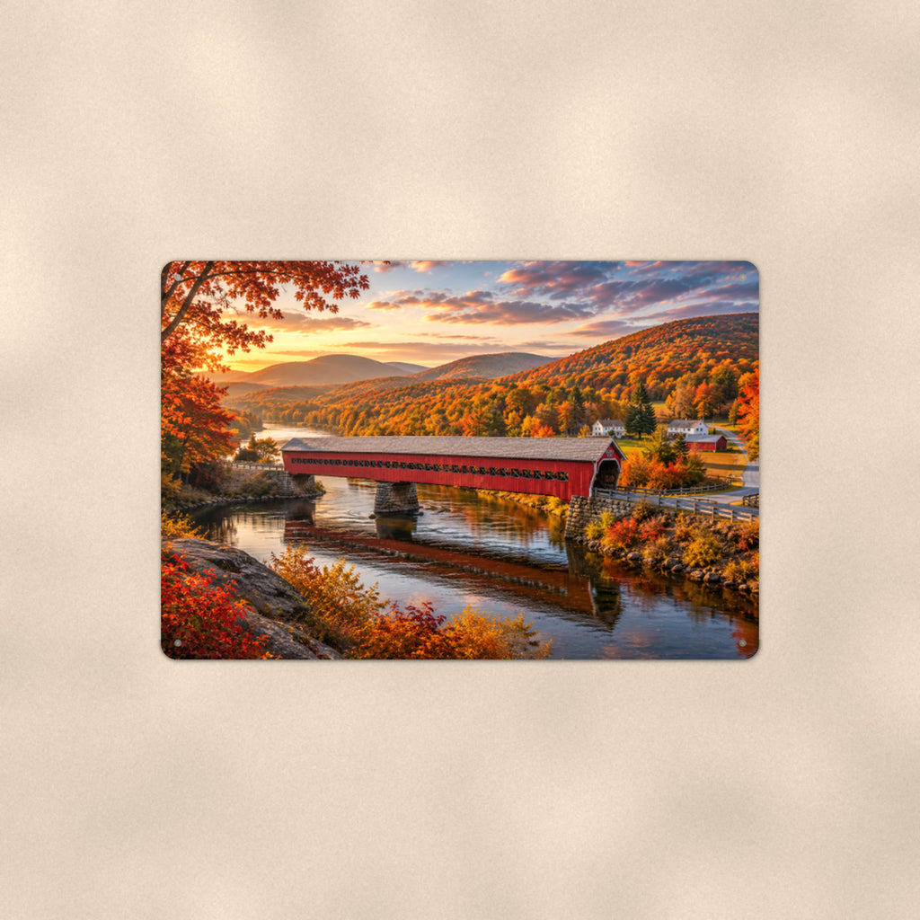 Long Covered Bridge River Valley aluminum metal sign 12" x 8" - front view on warm wall