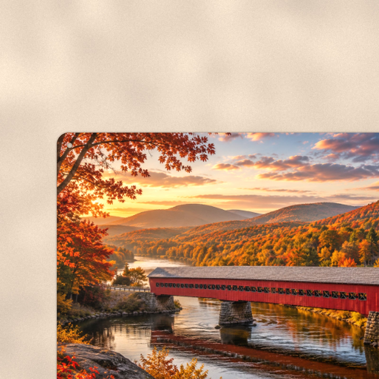 Long Covered Bridge River Valley aluminum metal sign 12" x 8" - close-up view of the printed artwork