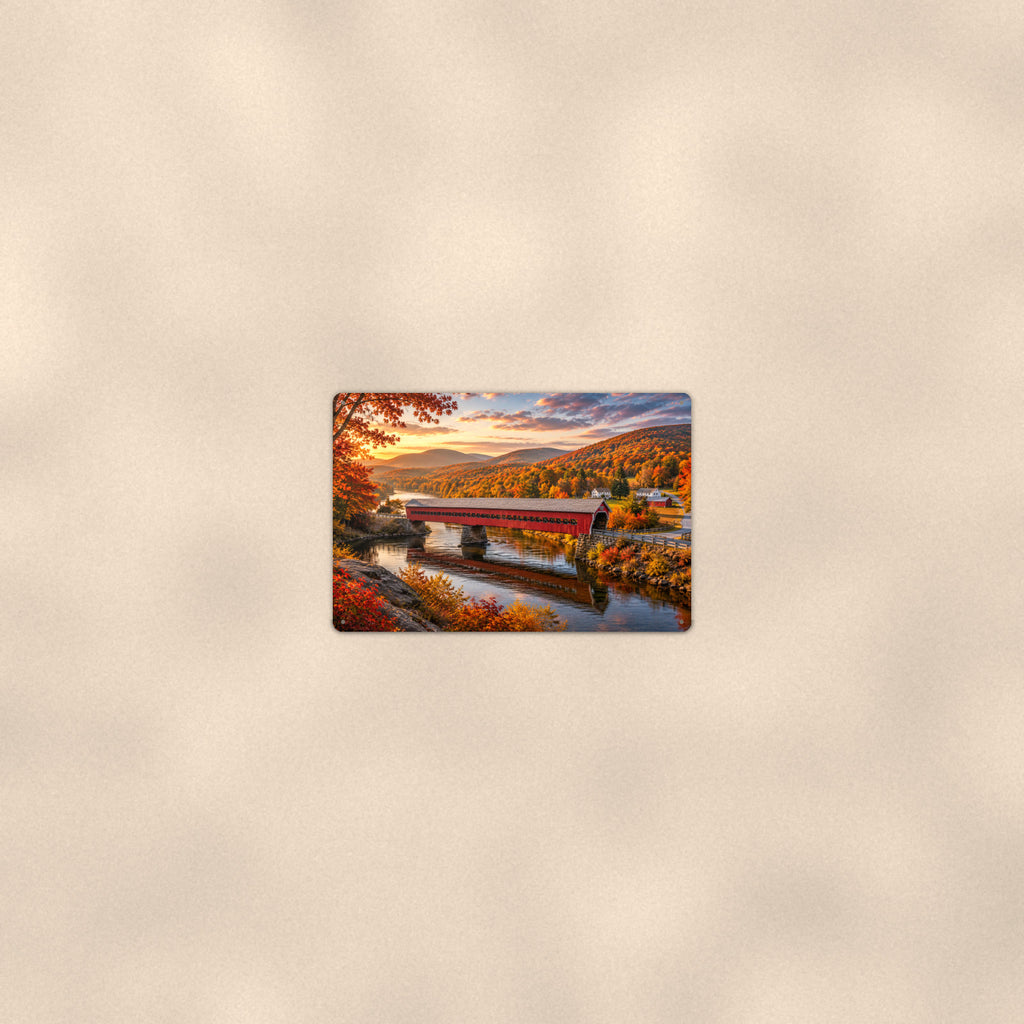 Long Covered Bridge River Valley aluminum metal sign 12" x 8" - room view on warm wall