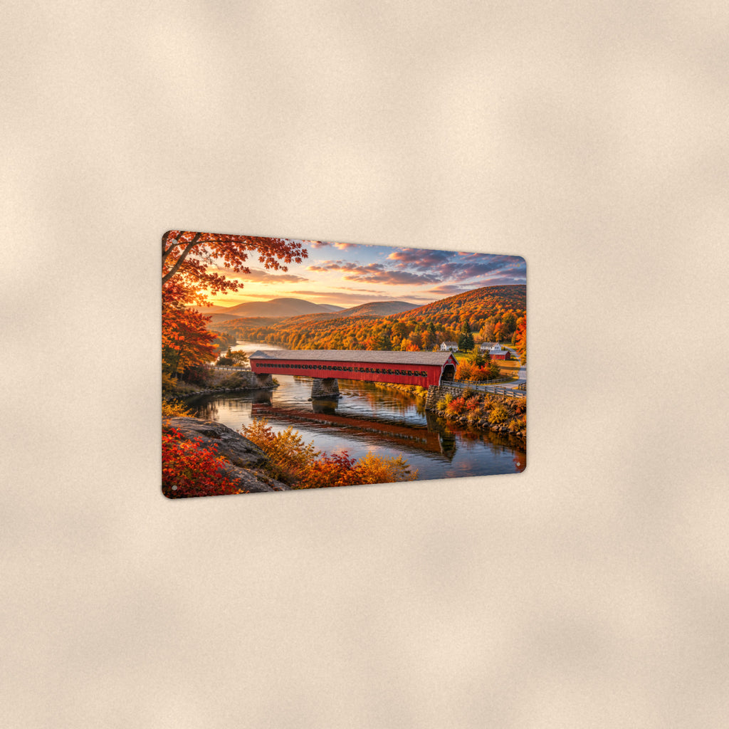 Long Covered Bridge River Valley aluminum metal sign 12" x 8" - angled view showing glossy finish