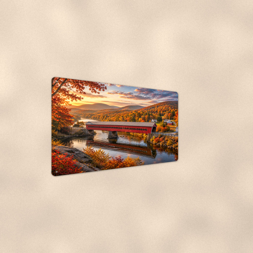 Long Covered Bridge River Valley aluminum metal sign 12" x 8" - angled wall view from a wider angle