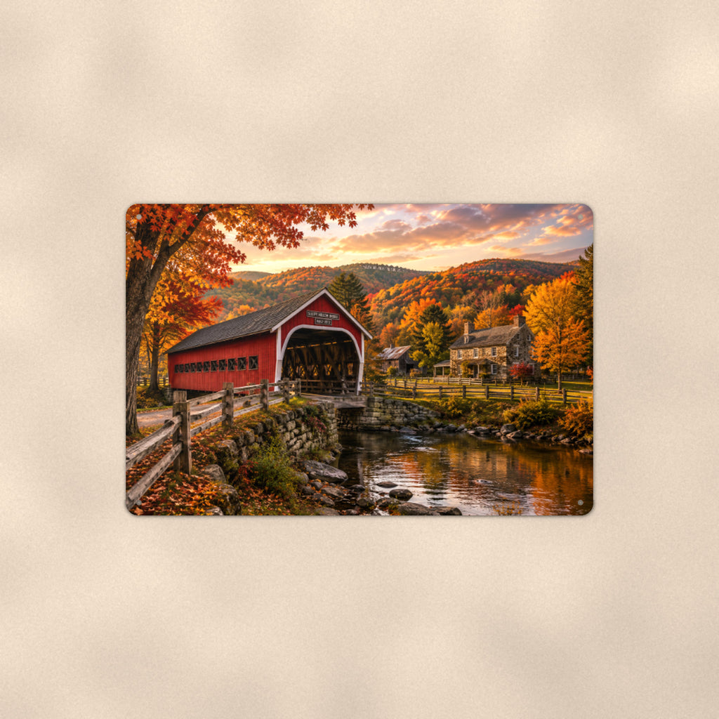 Covered Bridge Village in Autumn Hills aluminum metal sign 12" x 8" - front view on warm wall