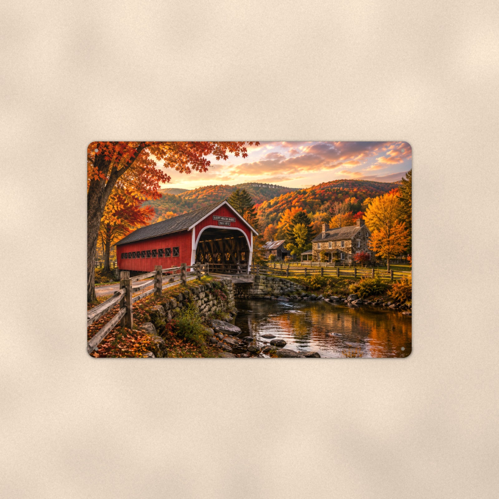 Covered Bridge Village in Autumn Hills aluminum metal sign 12" x 8" - front view on warm wall