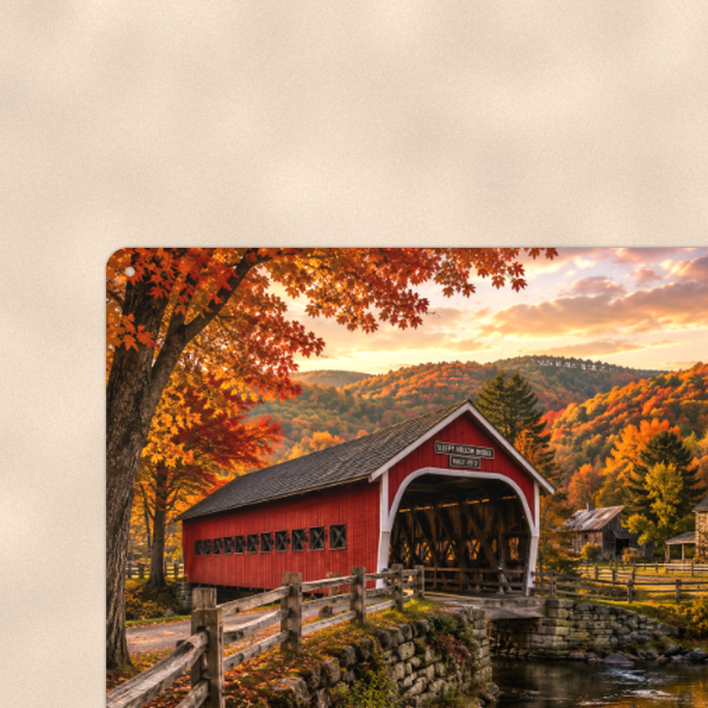 Covered Bridge Village in Autumn Hills aluminum metal sign 12" x 8" - close-up view of the printed artwork