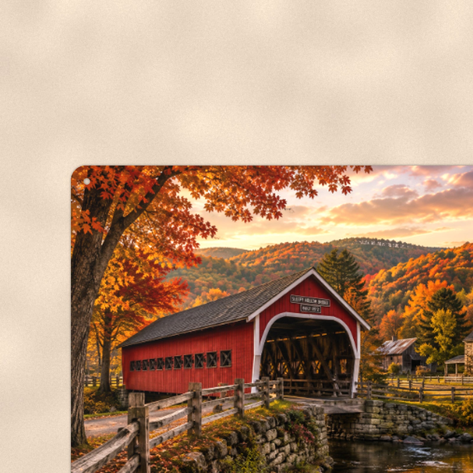 Covered Bridge Village in Autumn Hills aluminum metal sign 12" x 8" - close-up view of the printed artwork