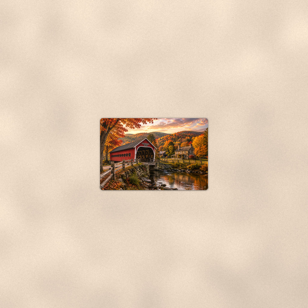 Covered Bridge Village in Autumn Hills aluminum metal sign 12" x 8" - room view on warm wall