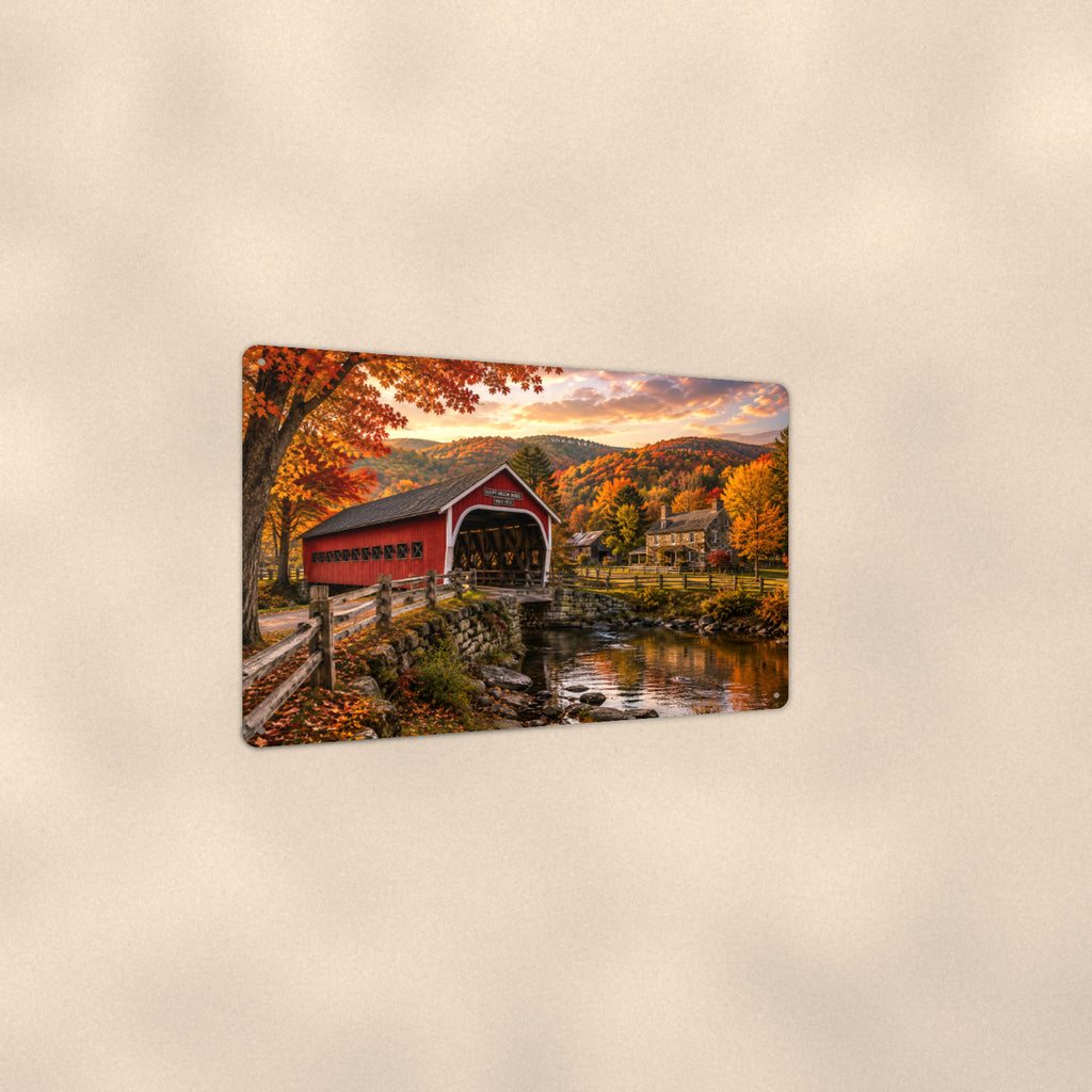 Covered Bridge Village in Autumn Hills aluminum metal sign 12" x 8" - angled view showing glossy finish