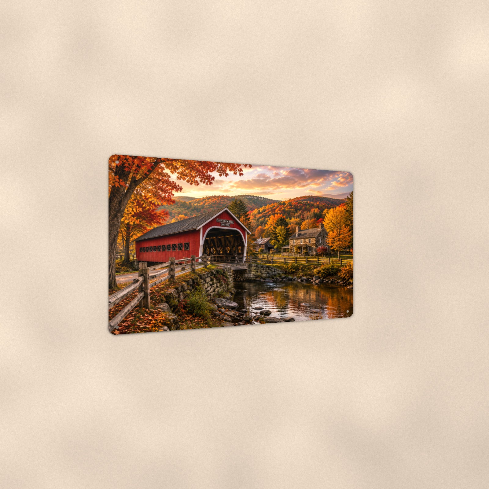 Covered Bridge Village in Autumn Hills aluminum metal sign 12" x 8" - angled view showing glossy finish