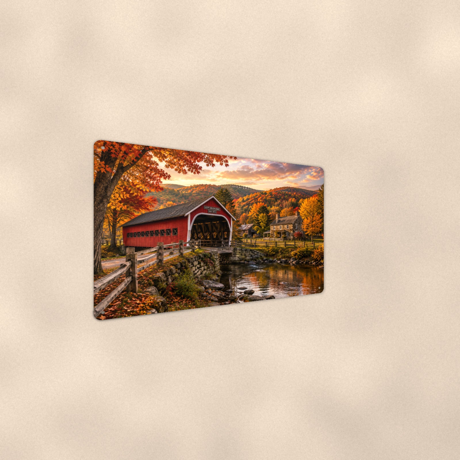 Covered Bridge Village in Autumn Hills aluminum metal sign 12" x 8" - angled wall view from a wider angle