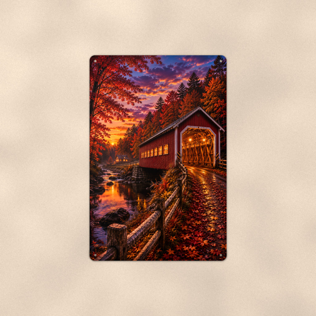 Covered Bridge at Purple Dusk aluminum metal sign 8" x 12" - front view on warm wall