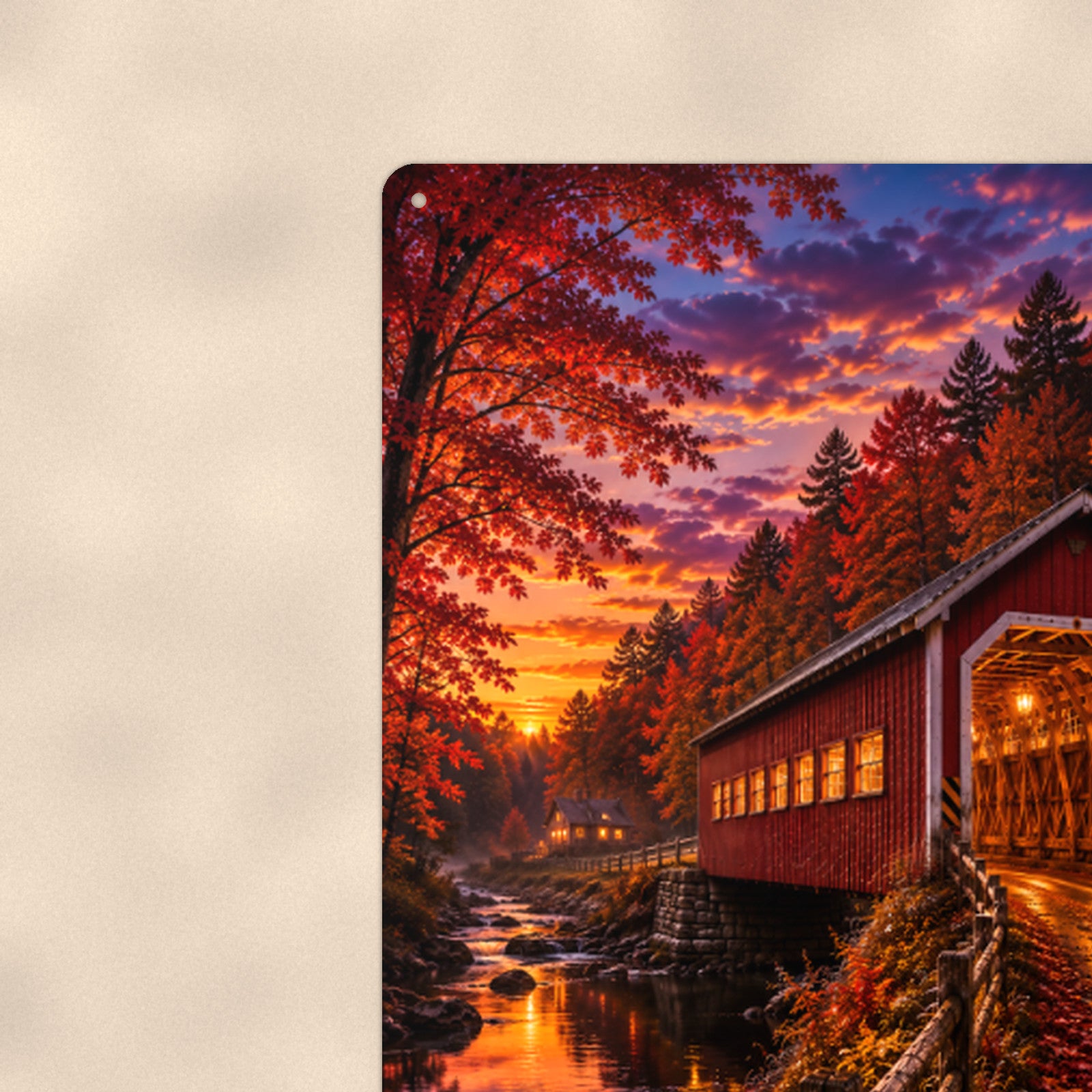 Covered Bridge at Purple Dusk aluminum metal sign 8" x 12" - close-up view of the printed artwork