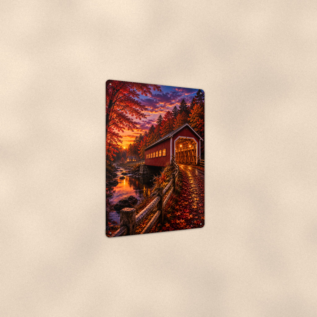 Covered Bridge at Purple Dusk aluminum metal sign 8" x 12" - angled view showing glossy finish