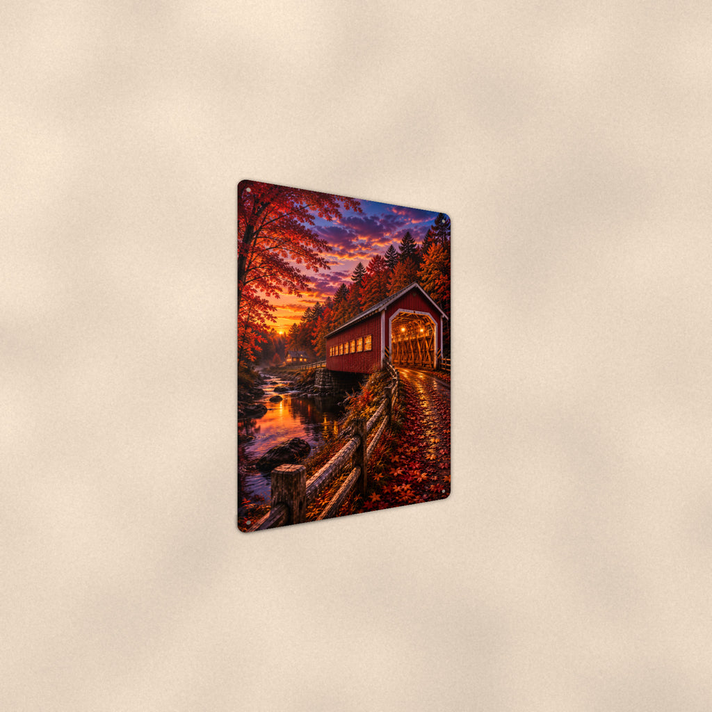 Covered Bridge at Purple Dusk aluminum metal sign 8" x 12" - angled wall view from a wider angle