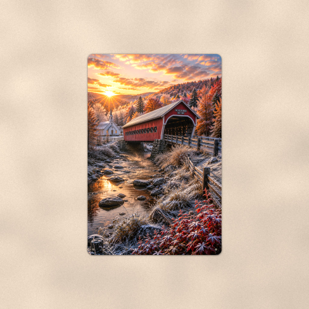 Covered Bridge First Frost aluminum metal sign 8" x 12" - front view on warm wall