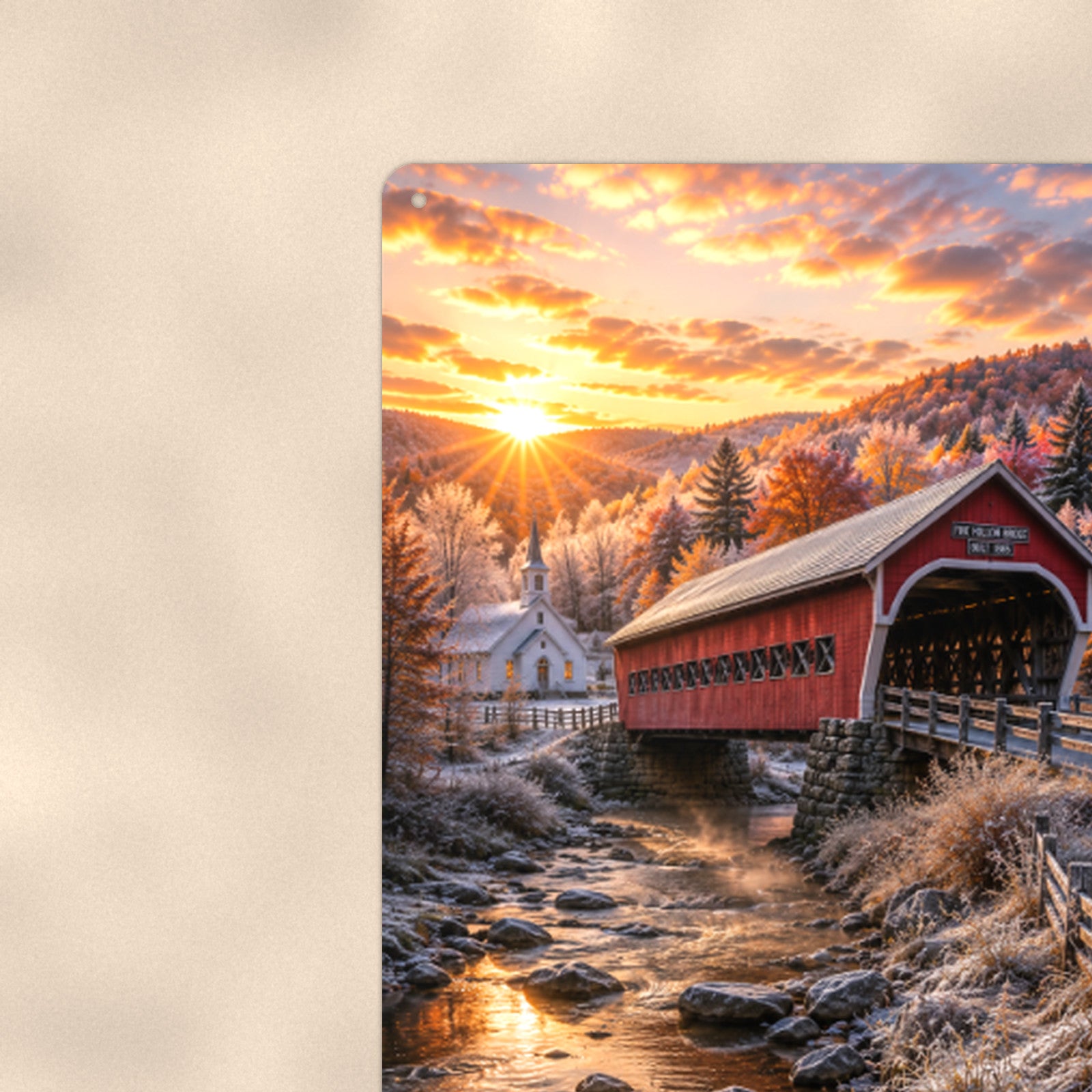 Covered Bridge First Frost aluminum metal sign 8" x 12" - close-up view of the printed artwork